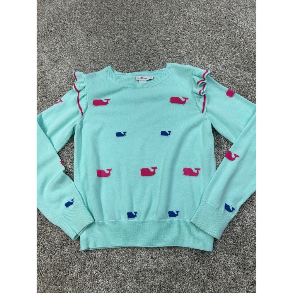 Vineyard Vines Kids Mint Green Whale Ruffle Shoulder Sweater Size L 14 #0783